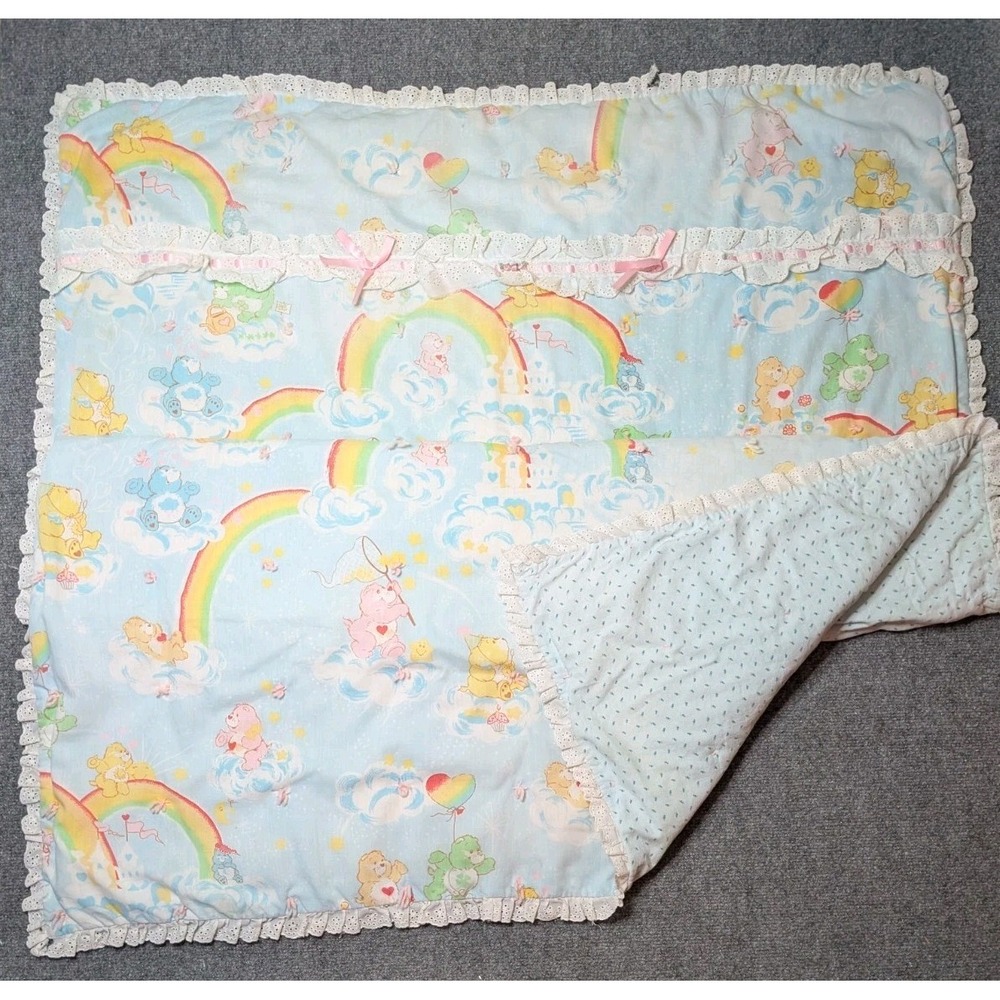 Vtg Handmade Care Bears Baby Child Blanket Original Design Two Sided 56x40 READ*